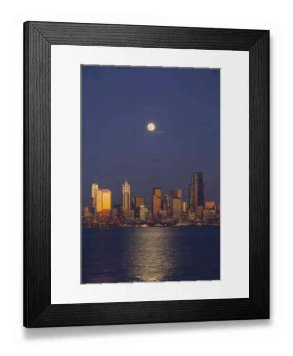 Framed Print : WA, Seattle, Seattle skyline and Elliott Bay from West Seattle, full moon rising