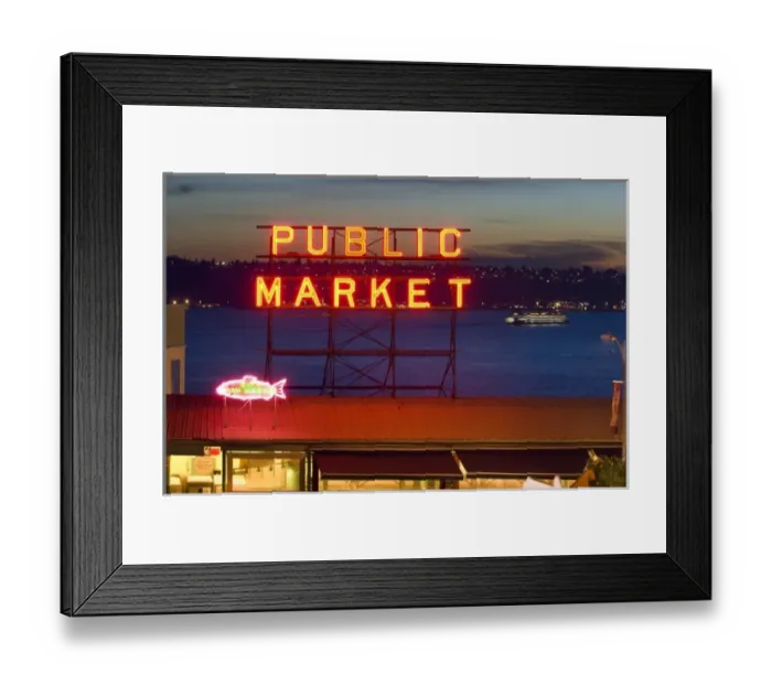 Framed Print : Night lights of Pike Place Market in Seattle, Washington, U. S. A Framed Print : Night lights of Pike Place Market in Seattle, Washington, U. S. A