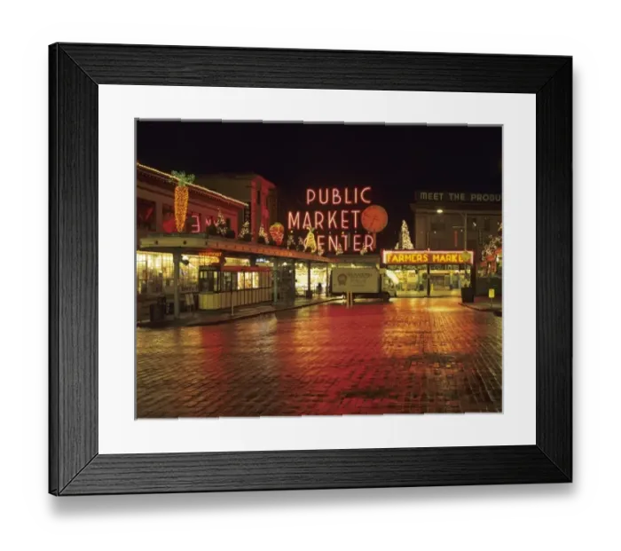 Framed Print : WA, Seattle, Market Entrance at Pike Place Market before dawn