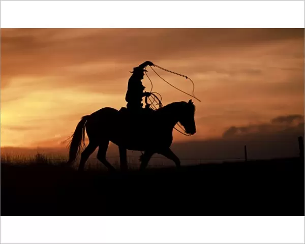 A silhouetted cowboy riding alone a ridge at sunset in Shell Wyoming