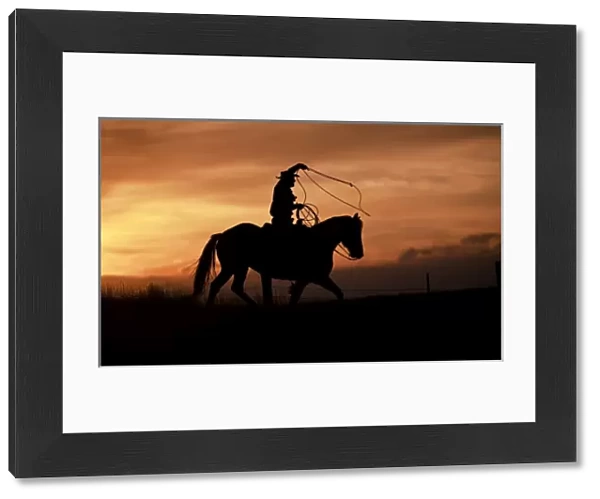 A silhouetted cowboy riding alone a ridge at sunset in Shell Wyoming