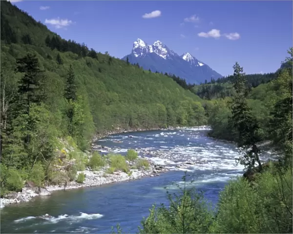 WA, Mt. Baker Snoqualmie NF, Skykomish River with Gunn and Merchant Peaks in background