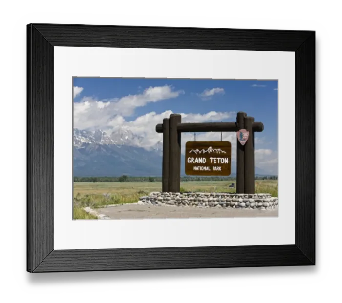 Framed Print : Grand Teton National Park welcome sign with the Grand Teton mountains in the background Framed Print : Grand Teton National Park welcome sign with the Grand Teton mountains in the background