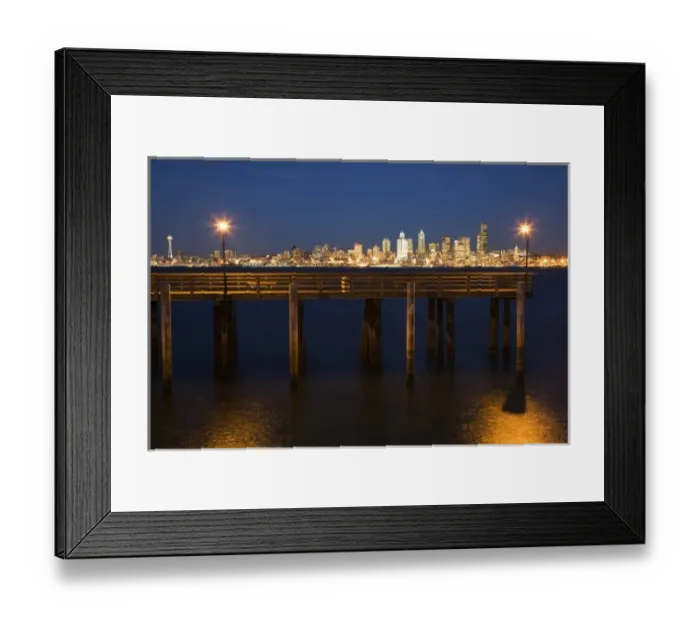 Framed Print : WA, Seattle, Seattle skyline at night & fishing pier, view from Seacrest Marina Park Framed Print : WA, Seattle, Seattle skyline at night & fishing pier, view from Seacrest Marina Park
