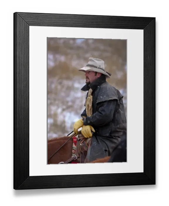 Framed Print : A cowboy sitting on her horse in a fall landscape of Shell Wyoming in the Big Horn Framed Print : A cowboy sitting on her horse in a fall landscape of Shell Wyoming in the Big Horn