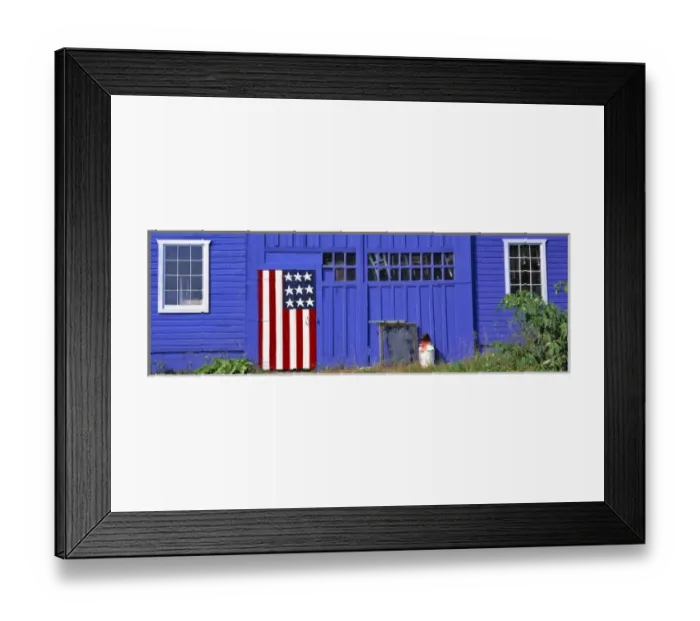 Framed Print : USA, Wisconsin, Kewaunee Co. A stylized American flag decorates a door on this blue