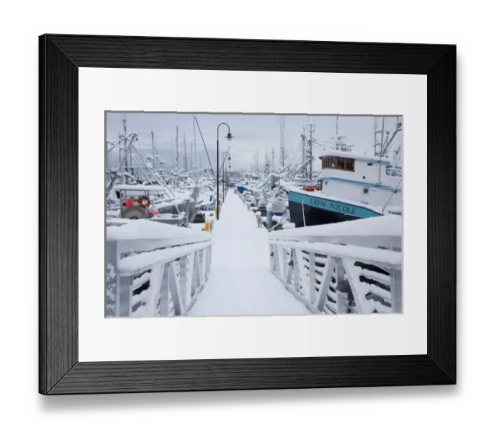 Framed Print : WA, Seattle, Fishermens Terminal, Fishing boats with snow