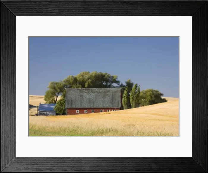 Framed Print : WA, Spokane County, The Palouse, Red barn and harvested fields Framed Print : WA, Spokane County, The Palouse, Red barn and harvested fields
