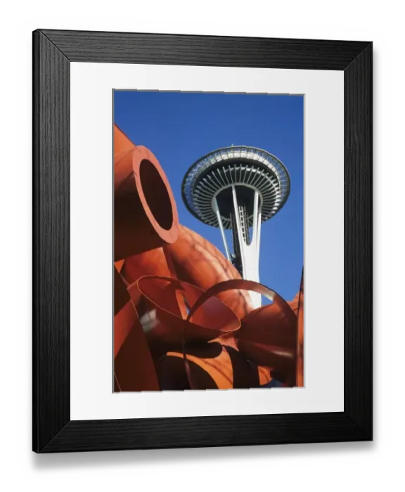 Framed Print : WA, Seattle, Space Needle with Olympic Iliad sculpture Framed Print : WA, Seattle, Space Needle with Olympic Iliad sculpture