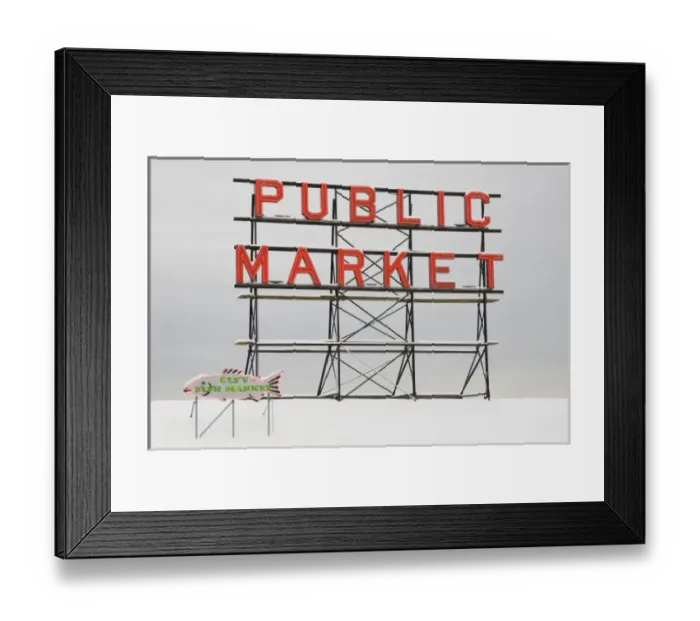 Framed Print : WA, Seattle, Pike Place Market, Public Market sign, a snowy day at the market