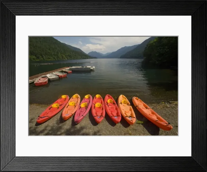 Framed Print : Kayaks for Rent at Fairholm, Lake Crescent, Olympic National Park, Washington, US