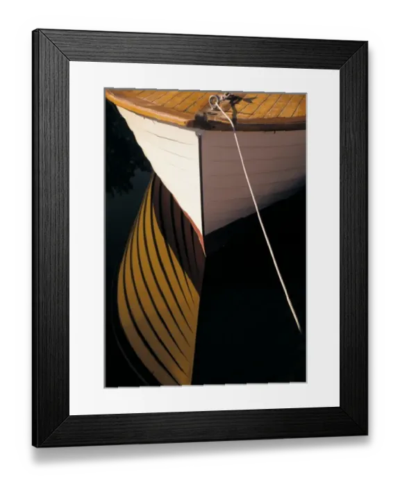 Framed Print : Wooden boat reflection on still water Framed Print : Wooden boat reflection on still water