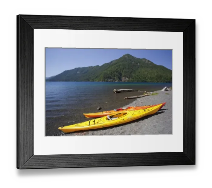 Framed Print : USA, Washington, Olympic National Park, Lake Crescent, Kyaks on shore