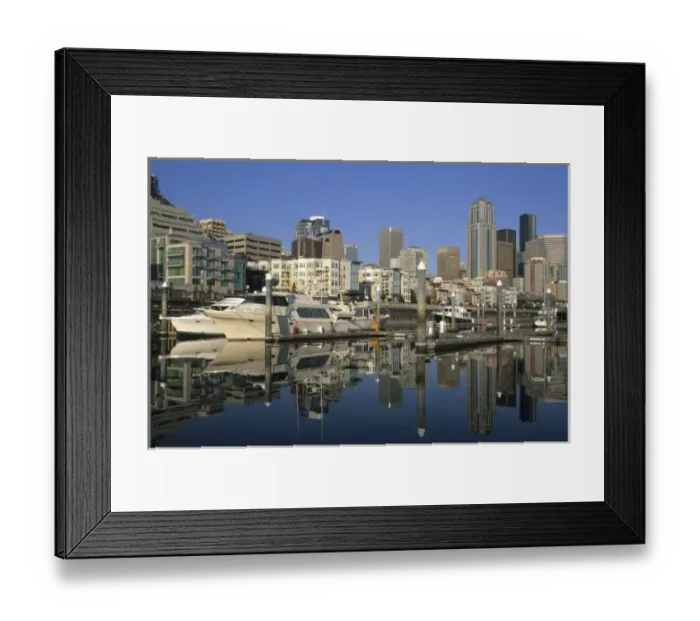 Framed Print : USA, Washington, Seattle. View of downtown skyscrapers from waterfront marina Framed Print : USA, Washington, Seattle. View of downtown skyscrapers from waterfront marina