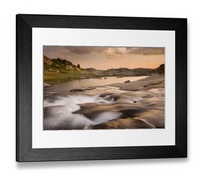Framed Print : USA, Wyoming, Bridger National Forest, Bridger Wilderness, Wind River Range. Sunset on rapids