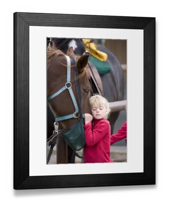 Framed Print : USA. Wyoming. Grand Tetons National Park. Young girl gives affection to a horse in a Tetons stable Framed Print : USA. Wyoming. Grand Tetons National Park. Young girl gives affection to a horse in a Tetons stable