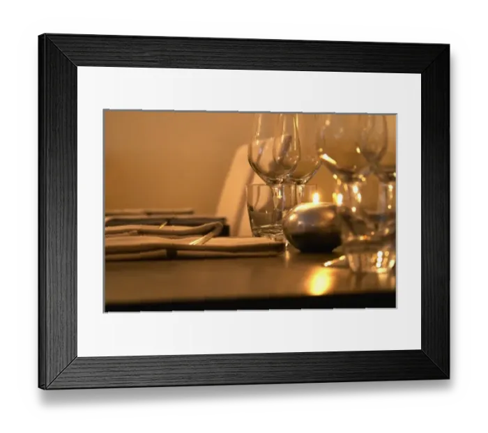 Framed Print : Table set with napkins wine glasses and forks at the trendy restaurant Beluga Framed Print : Table set with napkins wine glasses and forks at the trendy restaurant Beluga