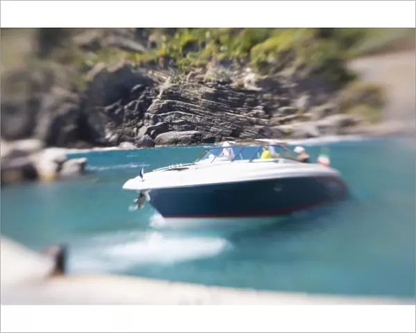 Italy, Cinque Terre, Vernazza, Selective Focus of Speed Boat in Harbor of Vernazza
