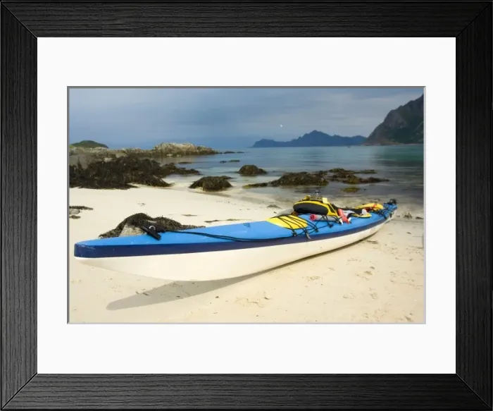 Framed Print : Europe, Norway, VesterAalen. Sea kayaks on beach at Hovden Framed Print : Europe, Norway, VesterAalen. Sea kayaks on beach at Hovden