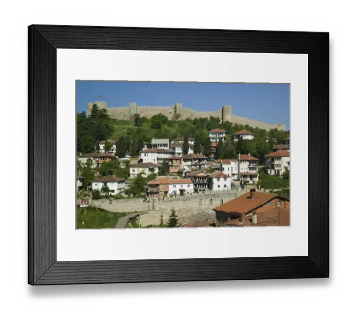 Framed Print : MACEDONIA, Ohrid. Car Samoils Castle and Old Town from Sveti Kliment Church