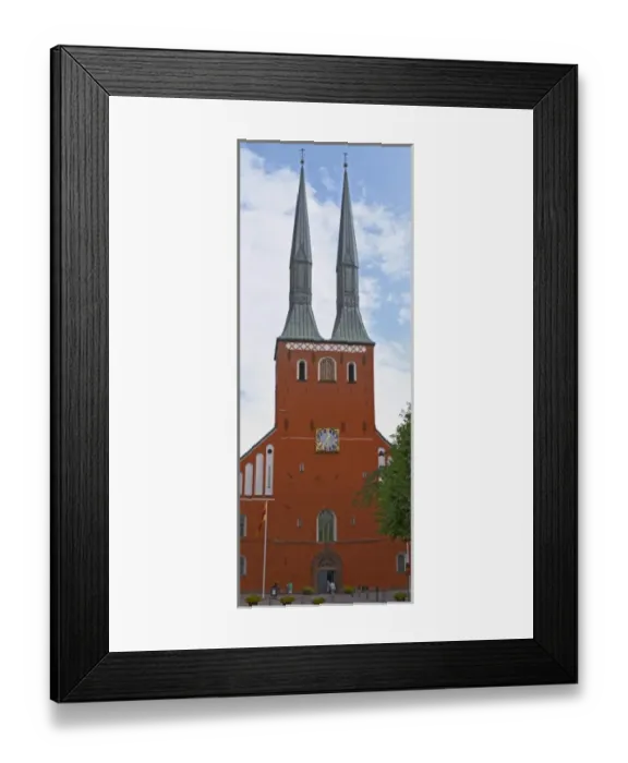 Framed Print : The Vaxjo cathedral church. The front facade with its two spires. Vaxjo town. Smaland region Framed Print : The Vaxjo cathedral church. The front facade with its two spires. Vaxjo town. Smaland region