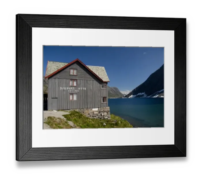 Framed Print : Norway. Scenic byway 63 between Geiranger & Hellesylt. Djupvasshytta Mountain Lodge and lake Framed Print : Norway. Scenic byway 63 between Geiranger & Hellesylt. Djupvasshytta Mountain Lodge and lake