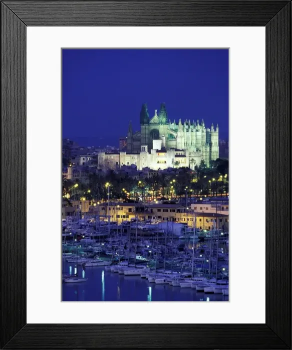 Framed Print : Spain, Balearics, Mallorca, Palma de Mallorca. Evening view of cathedral and harbor Framed Print : Spain, Balearics, Mallorca, Palma de Mallorca. Evening view of cathedral and harbor