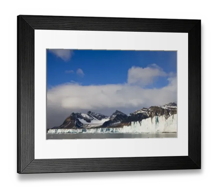 Framed Print : Norway, Svalbard, Spitsbergen Island, Morning sun lights ice face of Sveabreen Glacier