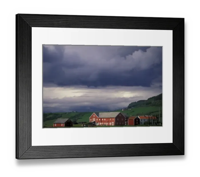 Framed Print : Norway, Orkanger, Trondheim area. Red farm buildings and storm coulds Framed Print : Norway, Orkanger, Trondheim area. Red farm buildings and storm coulds