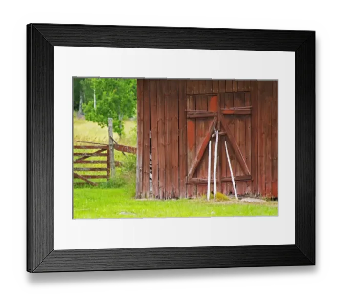 Framed Print : Traditional style Swedish wooden painted house. A door Barn Smaland region. Sweden, Europe Framed Print : Traditional style Swedish wooden painted house. A door Barn Smaland region. Sweden, Europe