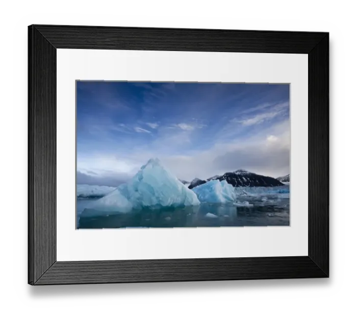 Framed Print : Norway, Svalbard, Spitsbergen Island, Deep blue ice bergs near face of Sveabreen