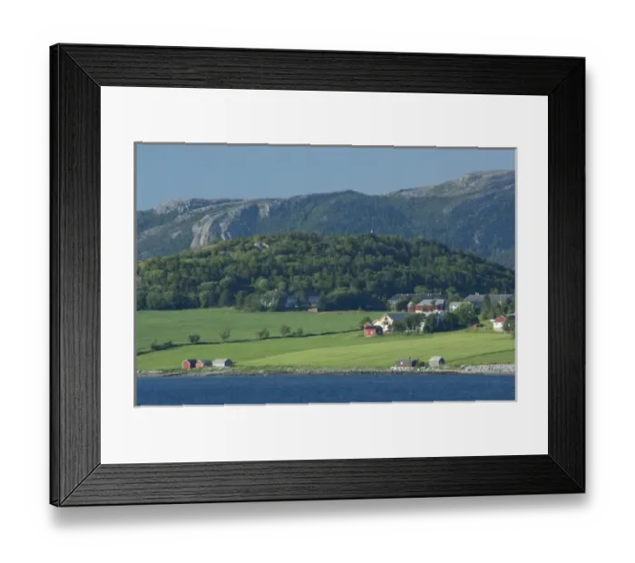 Framed Print : Norway, Trondheimsforden, Trondheim. Typical picturesque countryside farm views along Framed Print : Norway, Trondheimsforden, Trondheim. Typical picturesque countryside farm views along