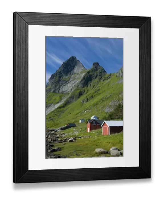 Framed Print : Europe, Norway, Lofoten. Houses in Vindstad below Rabbtinden Framed Print : Europe, Norway, Lofoten. Houses in Vindstad below Rabbtinden
