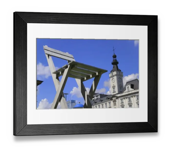 Framed Print : Modern sculpture with historical building, Warsaw, Poland