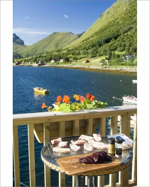 Europe, Norway, Lofoten. Barbeque on the deck on warm summer day