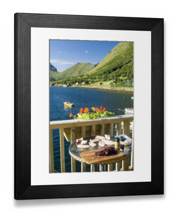 Framed Print : Europe, Norway, Lofoten. Barbeque on the deck on warm summer day