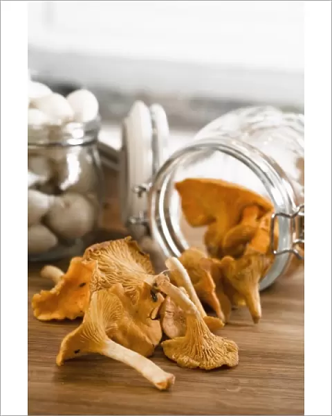Stockholm, Sweden - Closeup of dried mushrooms coming from a jar thats lying on a countertop