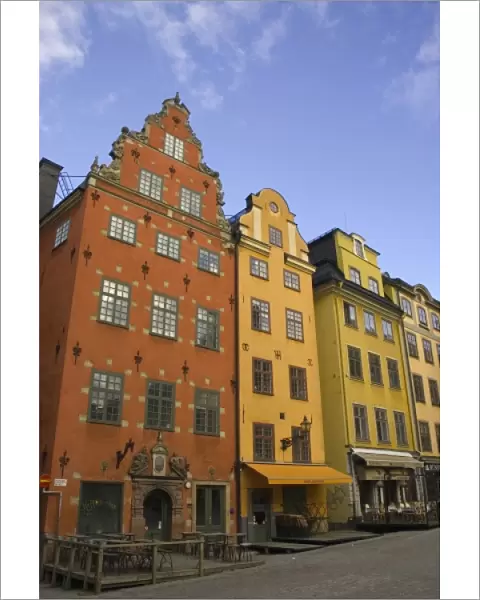 Sweden. Stockholm. Gamla Stan. Colorful buildings lining the Stortorget