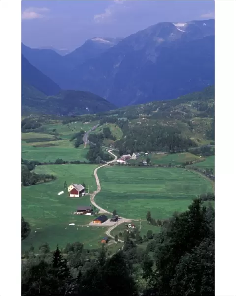 Europe, Norway, Geirangerfjord, Geiranger. Lush farming valley