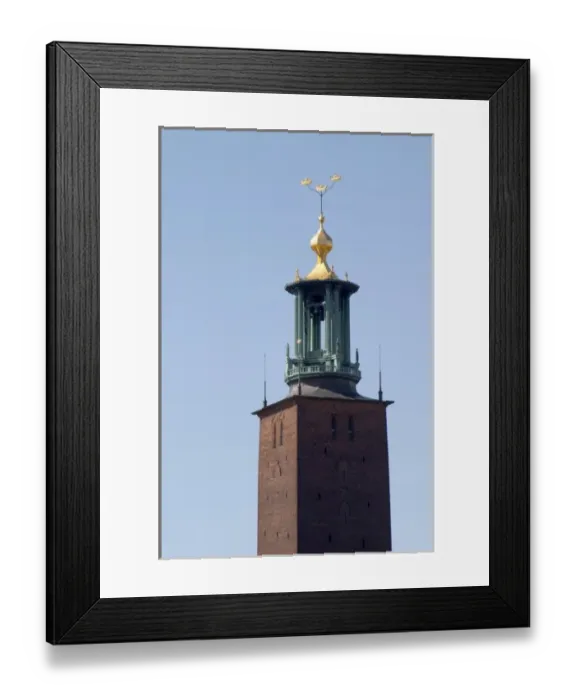 Framed Print : View to Stadshuset, the City Hall, over the Riddarfjarden, with its iconic tower with three crowns