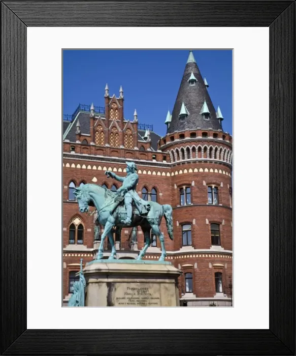 Framed Print : Statue of Magnus Stenbock, Swedish military and diplomatic figure, town hall, Helsingborg