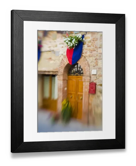 Framed Print : Italy, Lucignano, Selective Focus Flower Boxes and May Celibration Flags Framed Print : Italy, Lucignano, Selective Focus Flower Boxes and May Celibration Flags