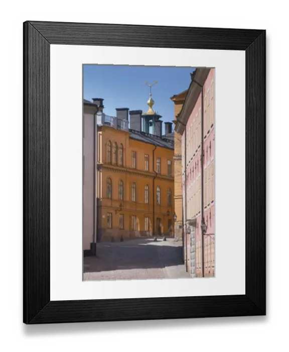 Framed Print : Cobble stone street with old houses on Riddarholmen. Stockholm. Sweden, Europe Framed Print : Cobble stone street with old houses on Riddarholmen. Stockholm. Sweden, Europe