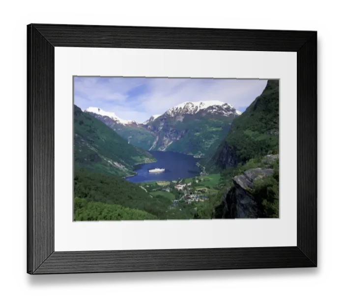 Framed Print : Norway, Geirangerfjord, Geiranger. Fjord and town view from Flydalsjuvet Framed Print : Norway, Geirangerfjord, Geiranger. Fjord and town view from Flydalsjuvet