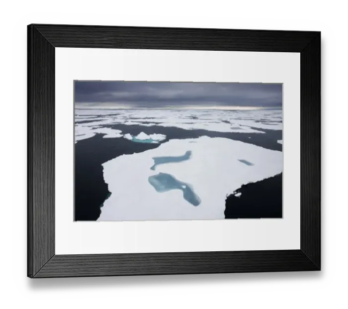 Framed Print : Norway, Svalbard, Nordaustlandet, Small ponds of meltwater on sea ice in summer snow