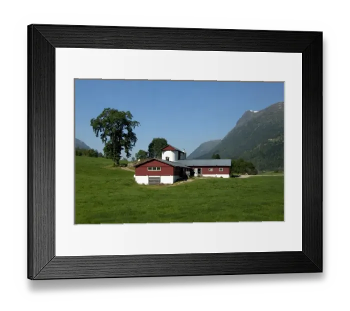 Framed Print : Norway, View from scenic by-way Road 15 between Hornindal & Stryn. Typical farm buildings Framed Print : Norway, View from scenic by-way Road 15 between Hornindal & Stryn. Typical farm buildings