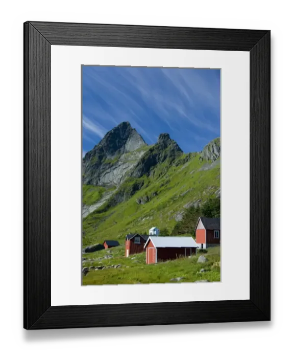 Framed Print : Europe, Norway, Lofoten. Houses in Vindstad below Rabbtinden Framed Print : Europe, Norway, Lofoten. Houses in Vindstad below Rabbtinden