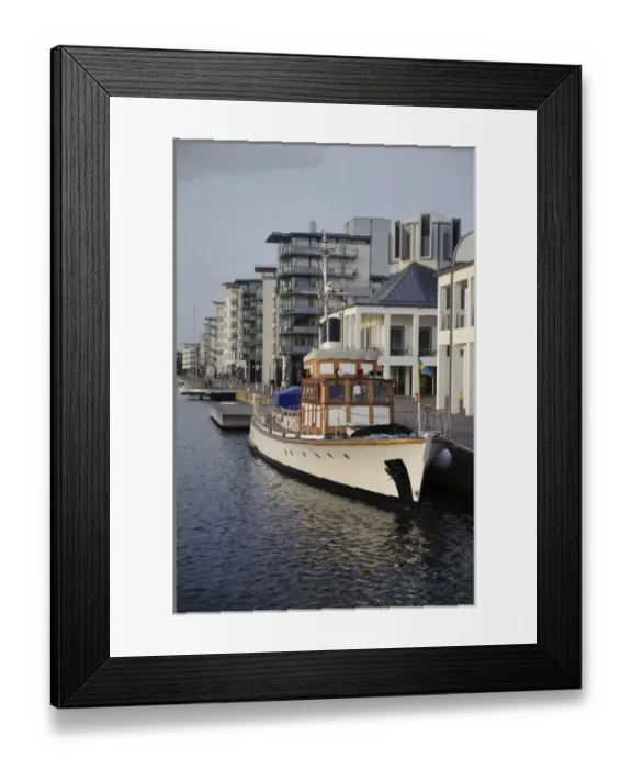 Framed Print : Sweden, Skane, Helsingborg. North Harbor area with recreational boats and apartements