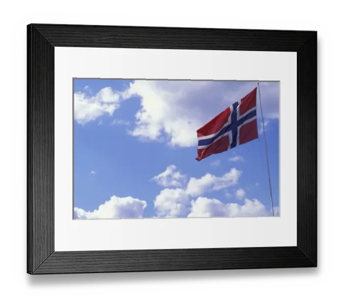 Framed Print : Europe, Norway, Lillehammar. National flag flying on a summer day