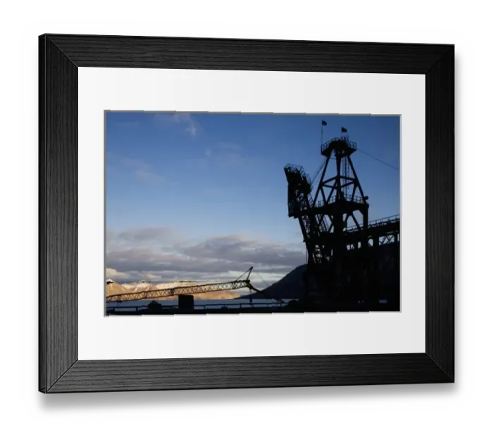 Framed Print : Norway, Svalbard, Pyramiden, Silhouette of loading crane along waterfront at abandoned Framed Print : Norway, Svalbard, Pyramiden, Silhouette of loading crane along waterfront at abandoned